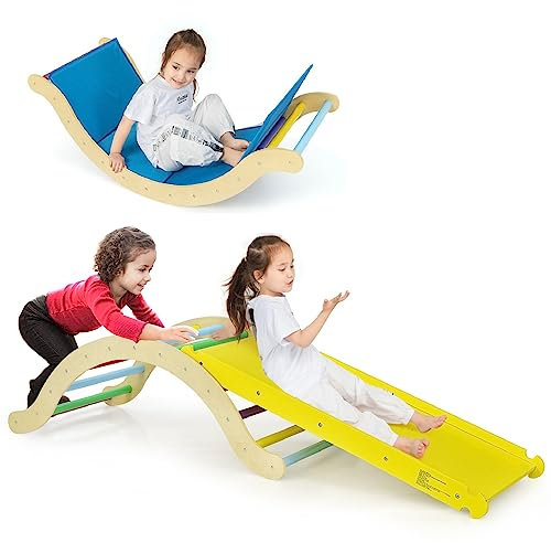 LIFEZEAL 3 in 1 Kletterdreieck mit Rutsche, Klettergerüst Set bis zu 60 kg, Kletterbogen Kinder aus Massivholz, Kletterspielzeug mit Matte für Kleinkinder, Kletterleiter Indoor