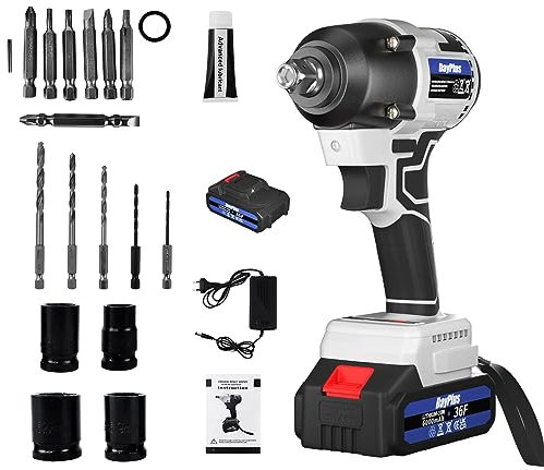 Cordless Impact Wrench With 3.0Ah Battery 420 N.M Brushless Impact Wrenches 1/2 Inch Impact Gun For Home and Car Brushless Motor Professional Electric Wrench Set 12 Piece Bits 4 Sockets (14/17/19/22)