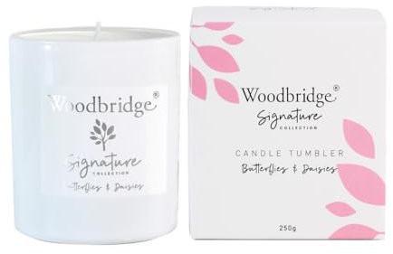 Woodbridge Duftkerze im Glas mit Deckel | Butterflies on Daisies | Duftkerze Blumig | kleine Duftkerze | Brenndauer bis 50h | Weiße Kerzen (250g) | Signature Kollektion