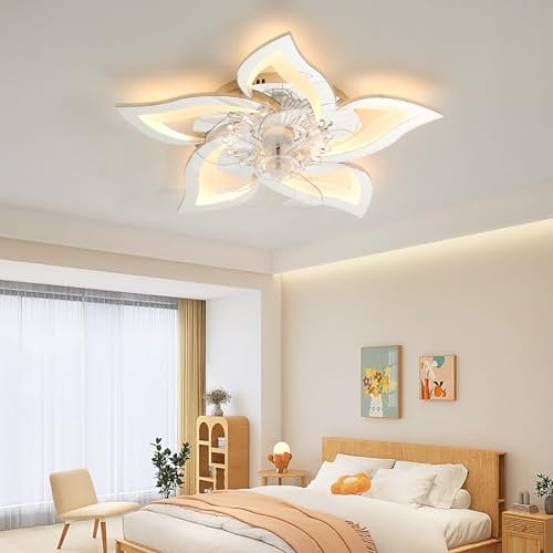 Ceiling Fans with Lights and Remote, LED Quiet Fan Light Ceiling Dimmable 6 Speed with APP Timer Lamp with Fan 5 Lights Flower Shape Acrylic Lampshade for Bedroom Living Room Restaurant-Chrome color