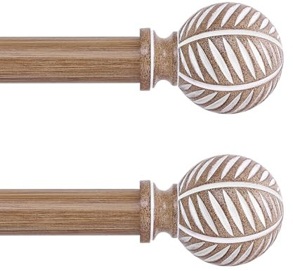 HTZON Gardinenstangen aus Holz, 122 bis 213 cm, 2,5 cm, Boho-Gardinenstange, verstellbare Gardinenstange, Holzmaserung, Blätter, Fenstervorhänge, Bauernhaus, rustikal, strapazierfähig, Braun,