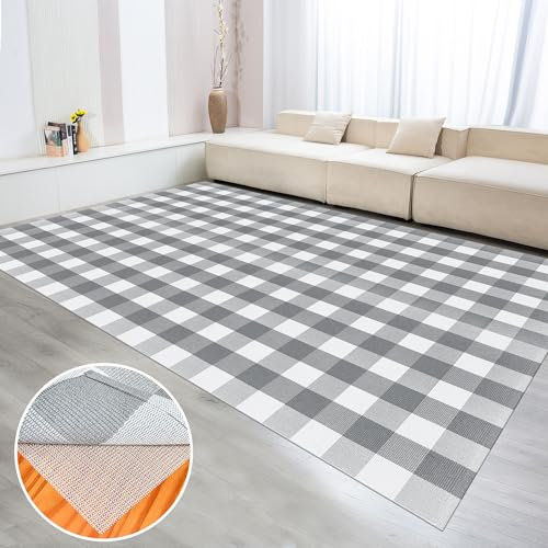 Aoczes Groß Baumwollteppich Waschbar Flachgewebe Teppich Wohnzimmer 180x270 cm Kurzflor Büffel Plaid Baumwolle Gewebt Grau Weiß Kariert Indoor Outdoor Teppich für Esszimmer Schlafzimmer