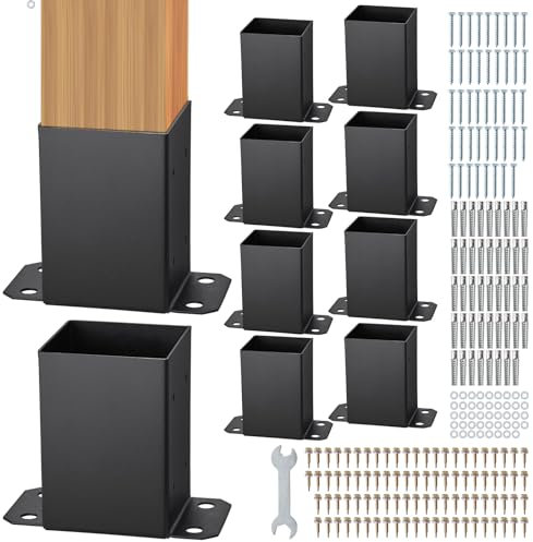 VEVOR Lot de 10 Support de Poteau Bois 4''x4'' 102x102 mm Base de Poteaux Interne 91x91 mm Acier au Carbone Revêtement en Poudre Ancrage de Poteau pour Support Garde-corps Terrasse, Pavillon, Noir Mat