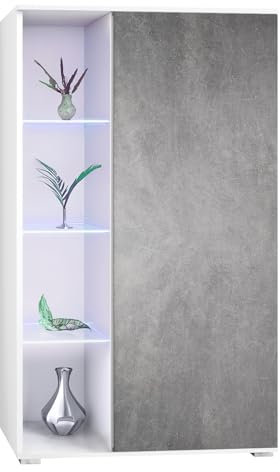 Vladon Vitrine Davos, Made in Germany, Standvitrine mit 3 Glasböden und 8 Fächer inkl. LED, Weiß matt/Steingrau (71,5 x 134 x 35 cm)