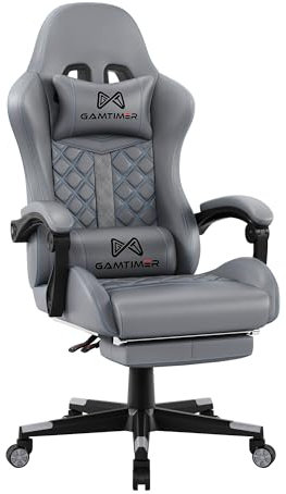 Gamtimer Sedia da Gaming,ergonomica,con poggiapiedi e supporto per lordosi,in pelle PU traspirante, grande chair,sedia girevole a 360 gradi (Grigio)