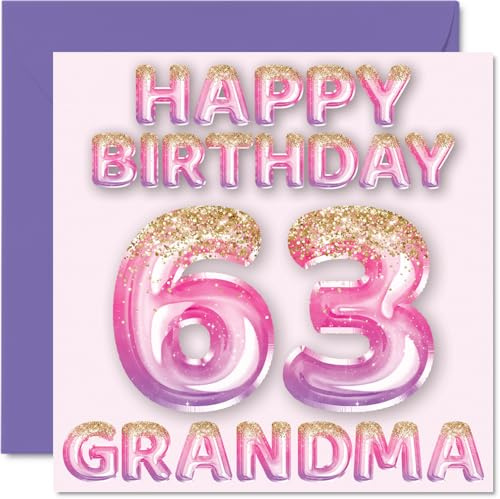 63rd Birthday Card for Grandma, Pink & Purple Glitter Balloons | Happy Birthday Cards for 63 Year Old Grandma from Grandson Granddaughter, 145mm Bday Greeting Cards Gift