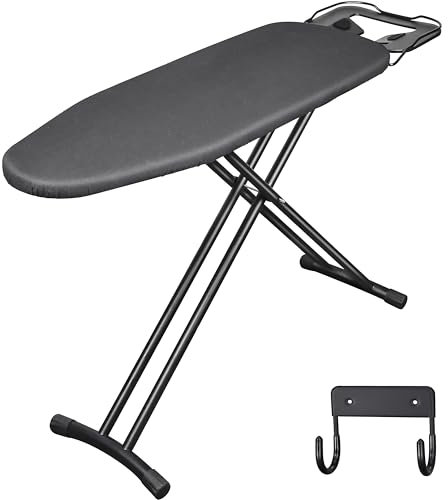 BBTEQEKN Höhenverstellbar Deluxe Bügelbrett, größe 140 x 38 cm, faltbar Extrabreites Ironing Board mit Haken, Bügelbrett aus dickem Stahl für meisten Dampfbügelstationen geeignet ist (Schwarz)