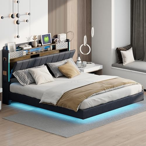 Bett 160x200 mit LED und USB, wendbares Kopfteil mit Stauraum, Handytasche, Polsterbett, Jugendbett, Erwachsenenbett, Funktionsbetten Schwebebett, Modern Bett, Leinenstoff, Grau