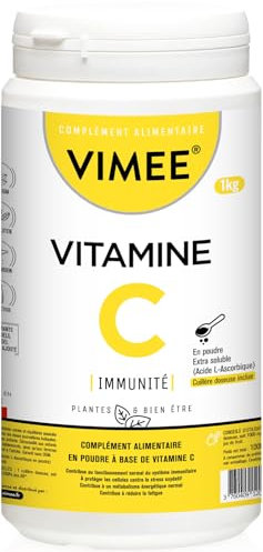 Vitamine C en Poudre Vimee - Acide L-Ascorbique Pur et Naturel Extra Soluble - Complément Alimentaire Immunité, Energie, Stress - 1000 G - 1000 Jours