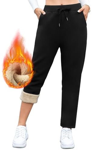 Aisprts Pantaloni Tuta Donna Termici Invernali, in Pile Ispessito Felpati Con 2 Tasche, Elastico in Vita, Coulisse, T2 Nero, L