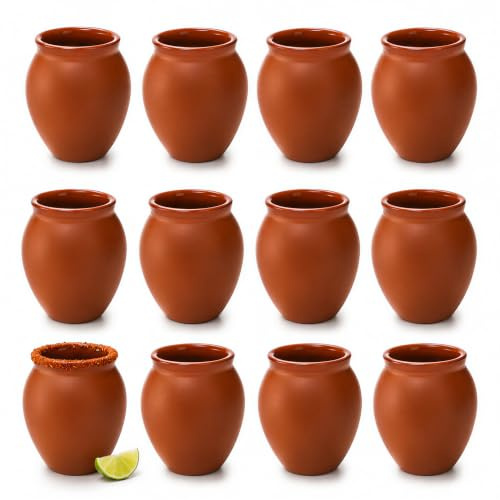 Kingrol Mexikanische Cantaritos de Barro Töpferei Schnapsgläser, Mini-Tonbecher für Tequila, Margaritas, Mojitos, 12 Stück