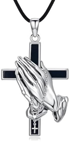 YAFEINI Betende Hände Kette Silber 925 Rosenkranz Schwarzes Kreuz Halskette Taufgeschenke Christlicher Schmuck Konfirmation Geschenke