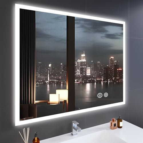 YOLEO Badspiegel mit Beleuchtung 100x80cm, Badezimmerspiegel LED mit Steckdose, Wandspiegel mit Touchschalter und Explosionsgeschütztes Glas, 3 einstellbare Lichtfarbe, 6500K