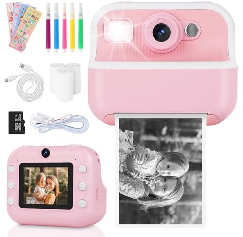 Kids Dual Camera With Instant Print for Girls Boys, Photo Paper & Color Pens for DIY, Gifts for 3-10 Year Olds, 32Gb Sd Card - Pink
