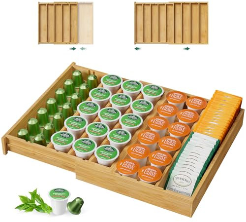 EsLuker.ly Bamboo Coffee Pod K Cup Holder Organizer for Drawer Insert Counter, Expandable Coffee Tea Storage Tray Compatible with Nespresso Vertuo Capsules - Easy Access for Office Home Kitchen