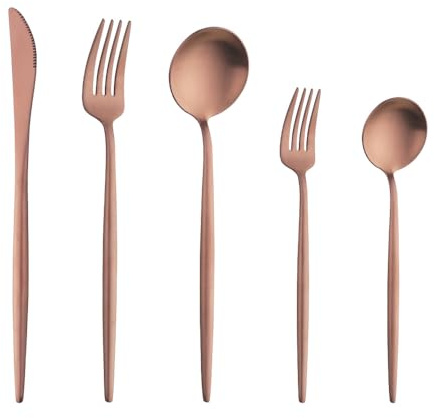 Buyer Star Matte Rose Gold Besteck Set, 5 Stück Edelstahl Besteck Set Gold Matt für Haus Küche Restaurant Parteien, Essbesteck Set Mit Gabeln Löffeln Messern Spülmaschinenfest