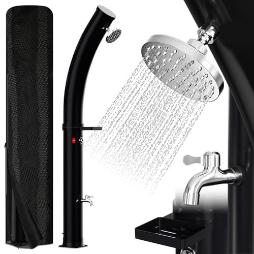 Vkechh 35L Solardusche | Curve | Einstellbar Regenduschkopf | Wasserhahn | Max. 60℃ | Ohne Stromanschluss | Mit Schutzhaube-Seifenkiste-Ablassschraube | Schwarz