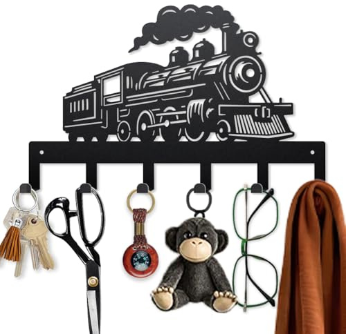 MAYJOYDIY Dampfzug Design Schlüsselhaken Aus Metall 40×25cm Kutschenräder Schlüsselaufhänger für Wand Vintage Schlüssel Organizer Rack Mit 6 Haken Für Küche Eingangsbereich Flur Tür Veranda