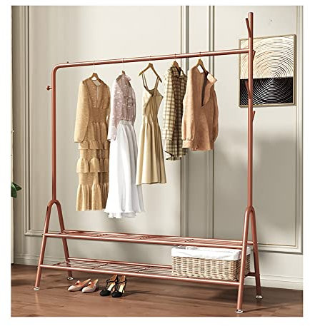 Garderobenständer, Einzelstangen-Kleiderständer Mit Unteren Ablagen, Metallgarderobe, Industrierohr-Kleiderstange, Robustes Lagerregal Mit 2 Ebenen Für Wäsche, Schlafzimmer, Badezimmer, Pink, 120 X 3