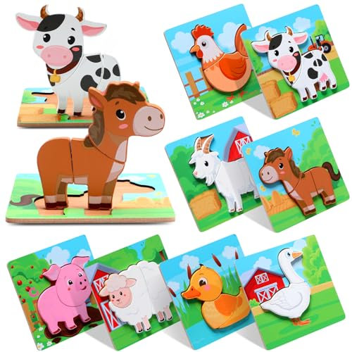 Zomiboo 8 Stück Kinder Bauernhof Holzpuzzle für Jungen und Mädchen im 1-3 Jahren Holztier Puzzle Bauernhoftieren Holzpuzzle für Kleinkinder Spiele Geschenk Lernspielzeug Kinderpuzzle