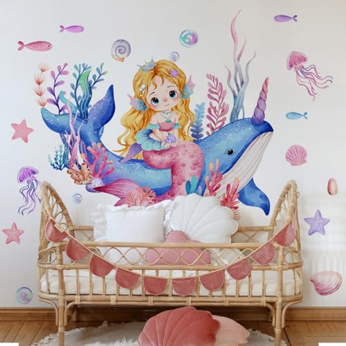Mädchen Meerjungfrau Wandaufkleber, Unter dem Meer Marine Thema Wal Wandaufkleber, Marine Tier Aufkleber für Kinderzimmer Kindertagesstätte Meerjungfrau Wanddekoration