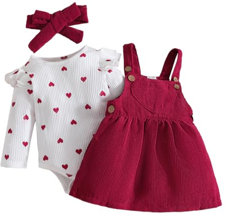 LUVCES Neonata Bambina Gonne Set Autunno Manica Lunga con Cuore Top + Velluto a Coste con Bretelle Abito+ Fascia per Capelli Abiti 3Pcs San Valentino Completo Cuore rosso dell'amore 3-6 Mesi