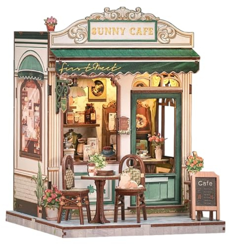 Mineup Book Nook Kit, DIY Miniature House, Puppenhäuser Holz Miniatur Haus Kit, Book Nook DIY Kit Mit LED-Licht, 3D Puzzle Magie Puppenhaus Aus Holz, Kreatives Geschenk (Sunny Sky Kaffee)