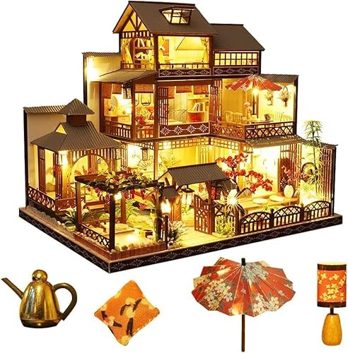 Diymnhaus - DIY japanische Vintage Villa Miniatur-Puppenhaus-Möbel-Set, Maßstab 1:24, kreatives Zimmer-Mini-Haus-Bastelset mit LED-Lichtern, kreatives Geschenk für Freunde