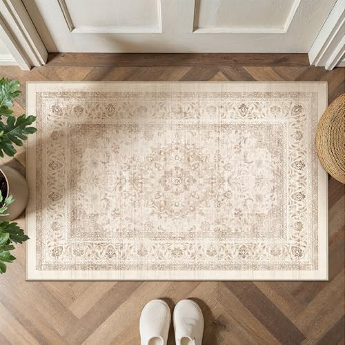 PureCozy Beige Fußmatte Innen 60x90cm Waschbarer Vintage Teppich | klein im Eingangsbereich,Rutschfest Kurzflor Carpet, Eingang,Korrido,Flur,Schlafzimmer,Küche,Büro