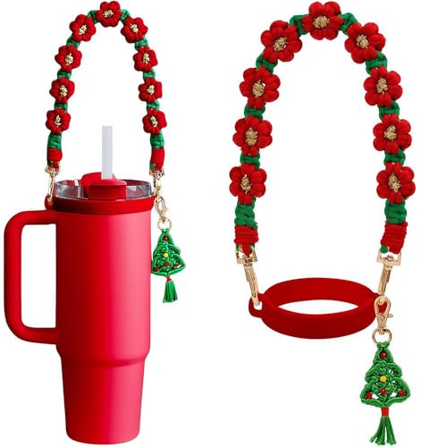 HATOTO Christmas Stanley Cup Accessories Set, Handmade Woven Water Bottle Handle Strap, Xmas Tree Charms for Stanley Cup 30/40oz Tumble (Style 1)