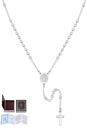 U7 Collar Rosario Mujer Hombre Medalla Milagrosa Crucifijo Perlas 3mm/6mm | Acero Inoxidable Color Plata Oro Negro Rosa con Libro de Oraciones, Manual y Caja de Regalo
