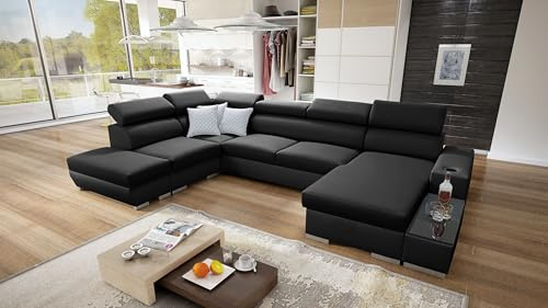 IM SOFA PERS VI Wohnlandschaft U-Form Ecksofa mit Schlaffunktion Bettkasten Couch Wohnzimmer freistehend verstellbare Kopfstützen 3 Dekokissen (Schwarz Sawana + Schwarzes Kunstleder, Rechts)