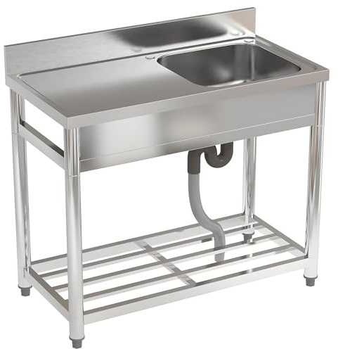 DKIEI 100x50x80cm Commercial Stainless Steel Sink with Storage Shelf, Catering Sink with Drain & Backsplash, Free Standing Outdoor Sink for Kitchen(No Tap)