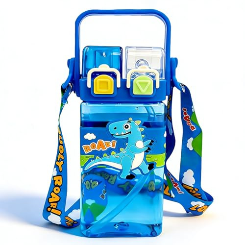 ZesGlyxyr Dinosaurier Trinkflasche Kinder, Trinkflasche Sport, Kawaii Trinkflasch Mit Strohhalm, Tragbarer Auslaufsicherer Wasserkrug für Niedlichen MäDchen, Schule