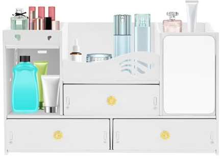 Vivhcotra Cosmetic Organizer Makeup Storage Box White Desktop Vanity Case with Drawers & Mirror Tissue Holder PVC Beauty Display Shelf for Bedroom Bathroom Dressing Table, 40 * 20 * 25cm