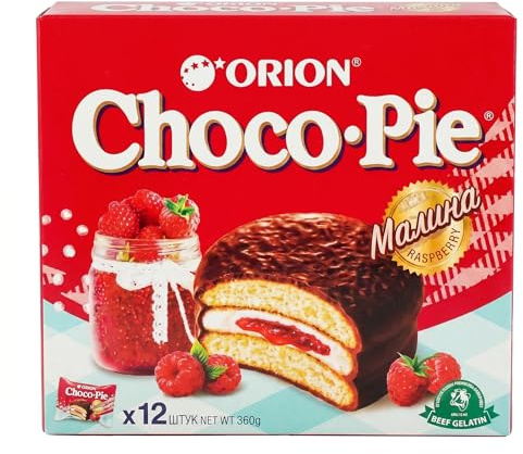 Orion Choco Pie 360g – 12 Pastelitos con Chocolate y Relleno de Marshmallow (Frambuesa)