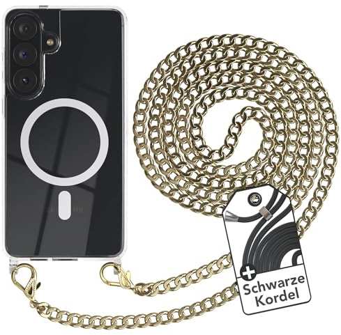 EAZY CASE - Handykette kompatibel mit Galaxy S26 Plus Kette zum Umhängen Stoßfest Handyhülle für Galaxy S26 Plus Silikon Hülle mit Band aus Metall Transparent als Fallschutz in Gold