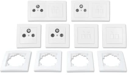 MC POWER - FLAIR - Wand-Steckdosen Set I Multimedia I 18-teilig I Antennendose, Netzwerkdose, Telefondose mit Rahmen weiß, matt