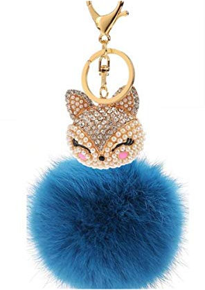 Canarea Keychain Elegant Plüsch-Kugel Schlüsselanhänger plüsch Ball Taschenanhänger Strass bommel Auto-Anhänger Pompom Weich Schlüsselring Süß Fox Kopf mit Strass Perles (Hell Blau-B)