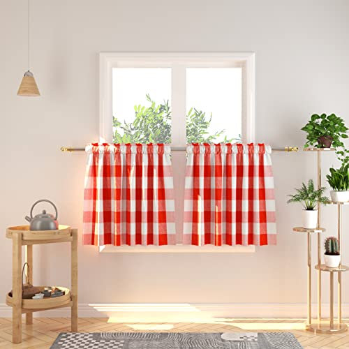 NATUS WEAVER Buffalo Etagen-Vorhänge, 61 cm Länge, kariert, Gingham-Stangentasche, kurzes Fenster, kleine Küche, Café, Badezimmer, Fenstervorhänge, 2 Paneele, Rot / Weiß