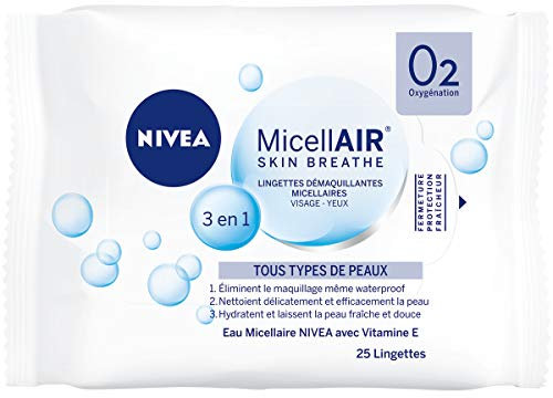 NIVEA MicellAIR SKIN BREATHE Lingettes Démaquillantes Micellaires, démaquillant 3 en 1 qui hydrate et rafraîchit, nettoyant visage, yeux & lèvres, 25 lingettes