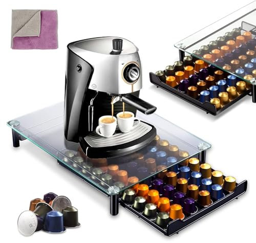 MASTERTOP Coffee Pod Holder - Gorgeous Coffee Pod Storage Drawer Holder for 60 Capsules, Functional Coffee Storage Drawer Holder, Tempered Glass