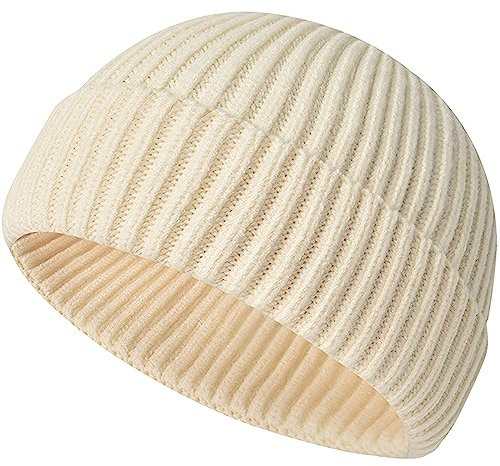 MAIAGO Fisherman Beanie für Herren Damen, Strickmanschette Beanie Mütze Kurze Beanie Mütze Winter Warme Mützen, Beige, Einheitsgröße