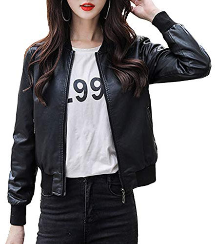 DISSA Damen Schwarz Kunstleder Bomberjacke Lederjacke Schlank Reißverschluss Stehkragen Kurz Mantel,P5816,S