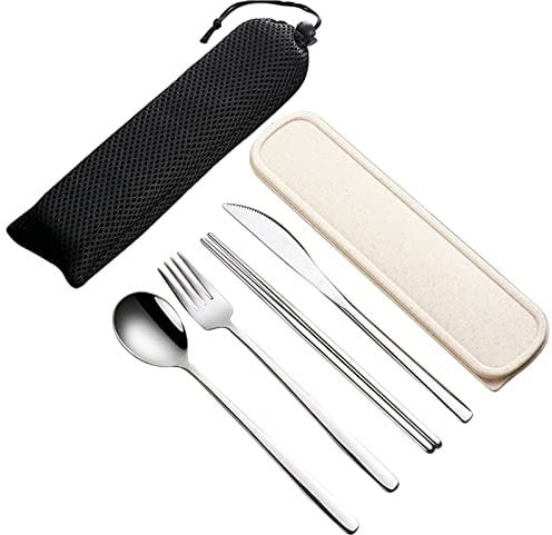 VANRA Juego de cubiertos de acero inoxidable para adultos de 4 piezas con estuche Juego de utensilios reutilizables con tenedor, cuchara, cuchillo, palillos para el almuerzo (plata)