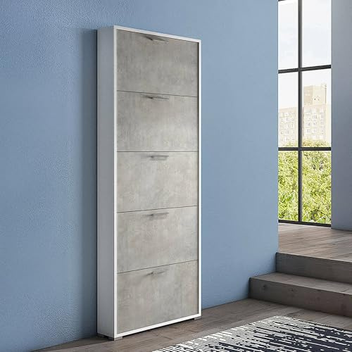Dmora - Schuhregal Margherita, Mehrzweck-Eingangsmöbel mit 5 Falttüren, moderner Schuhschrank, 100 % Made in Italy, 67 x 18 x 184 cm, Zement und Weiß,