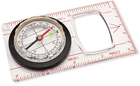Herbertz Linealkompass mit Lupe, 360 Grad Ansicht, transparente Bodenplatte, Deklinationsskala und Leuchtmarken