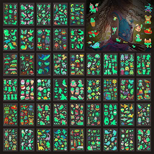 Temporäre Tattoo Kinder, CAYUDEN 46 Blätter Leuchten im Dunkeln Kinder Tattoo Jungen Mädchen Klebetattoos Kinder Dino Einhorn Tattoo zum Aufkleben Tattoo Sticker Set Temporäre Tattoos Leuchtend