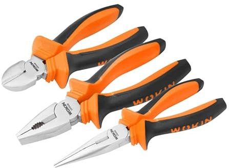 WOKIN 3 Pcs Plier Set Heavy Duty Combination Pliers Long Nose Pliers & Side Cutters Durable Steel Construction with Soft Grip Handles Multipurpose Hand Tool Kit for Home & Professional Use