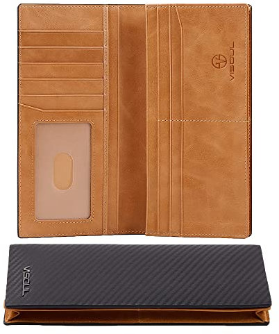 VISOUL Portefeuille Homme en Cuir Véritable, Portefeuille Long à Deux Volets en Cuir avec Blocage RFID, Porte Chéquier avec 3 Compartiment à Billets et 12 Emplacements pour Cartes (Noir+Jaune)